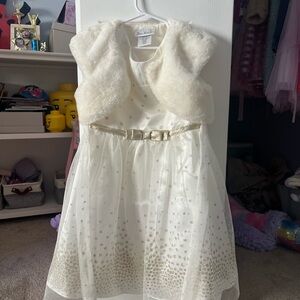 Jona Michelle White and Gold Formal Dress with Faux Fur Vest